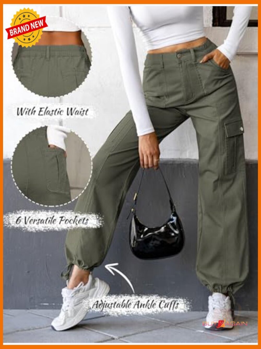 Wide Leg Baggy Cargo Jeans High Waisted Stretch Drawstring Ankle Cuff 6 Pockets - Picture 5 of 7